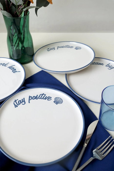 Hermia Juego de Servir Pasteles de Cerámica Blanco y Azul de 22 cm